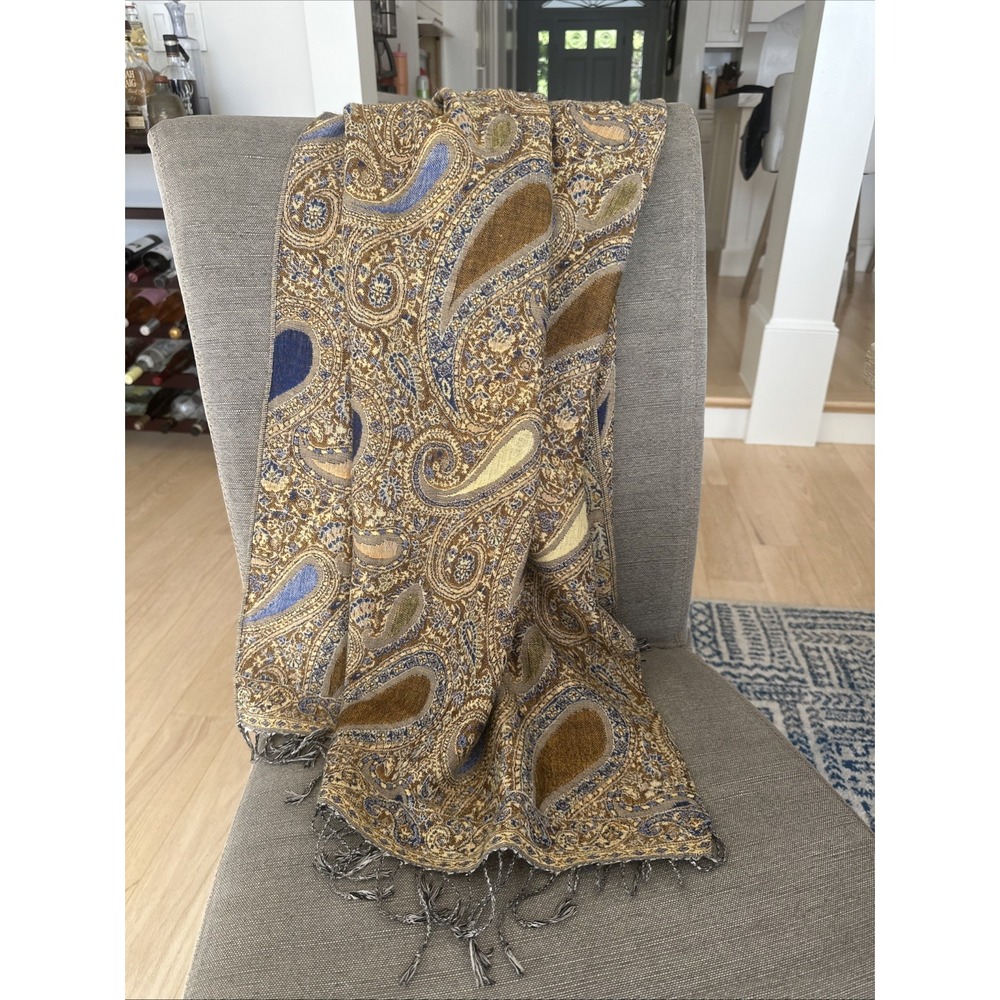 Luxurious Paisley Fall Colors Beige Blue Wrap Scarf 27" x 70"
